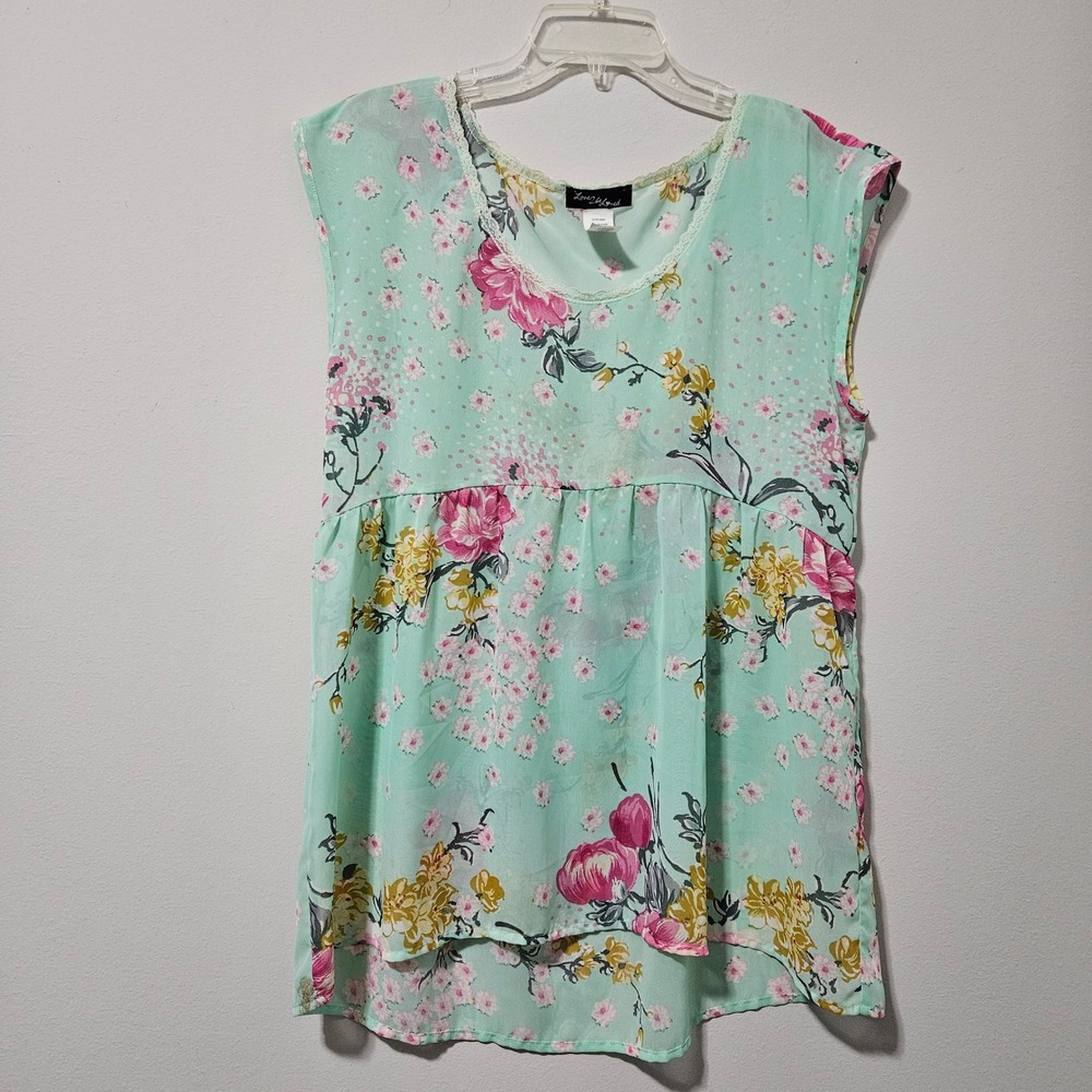 Love 2 Be Loved Mint Green Floral Babydoll‎ Top Lace Trim High Low Blouse Medium